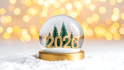 A festive snow globe showcases the year 2026, miniature green trees, resting on faux snow, with bokeh background