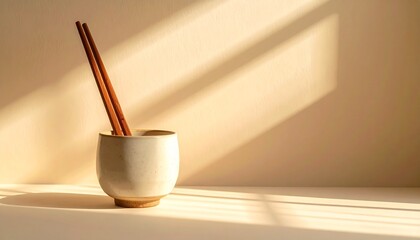 Wooden chopsticks resting on a simple ceramic holder with cinematic side lighting, conveying Asian culinary tradition and minimalism.

