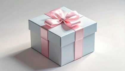 Obraz premium A light gray gift box is beautifully adorned with a delicate pink ribbon and bow, creating a serene and celebratory atmosphere.
