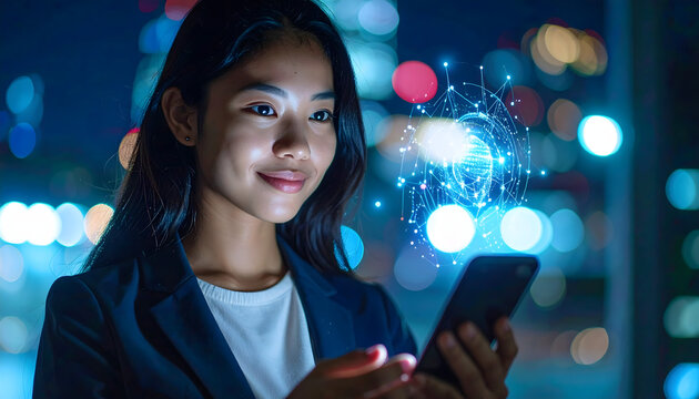 Smart Technologies, The future is here: An Asian female professional, illuminated by digital data, engages with her smartphone.