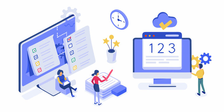 Illustrating the process of project management and task completion with digital tools and teamwork