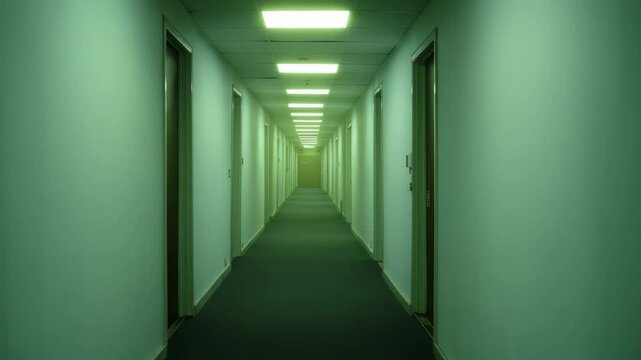 Empty hallway with closed doors and green fluorescent lighting, realistic style, indoor setting. Concept of mystery, unease, or liminality