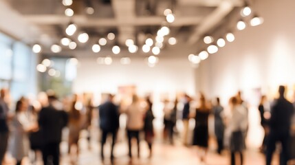 Blurred Exhibition Opening Night: Crowd of People Enjoying Art in a Modern Gallery