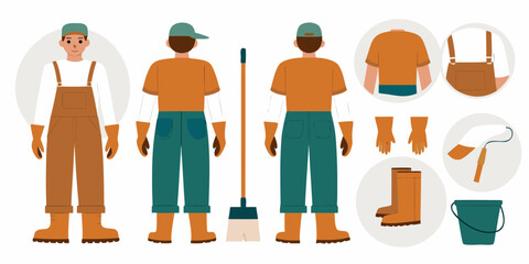 Gardener or cleaner character design with tools and clothing elements