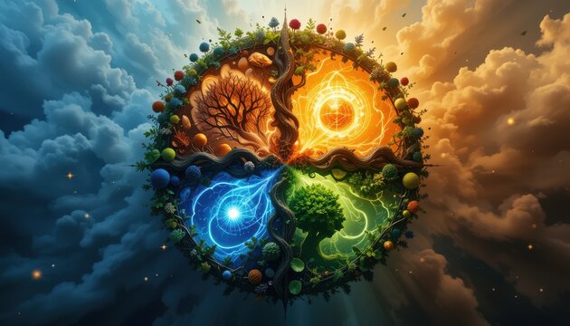 Planetary Elements: A stunning, digitally created image showcasing the earth-like sphere. Four distinct quadrants represent fire, water, air and earth.
