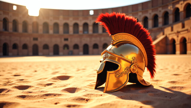 Ornate Roman Gladiator Helmet on Arena Sand Cinematic Golden Hour Lighting with Copy Space