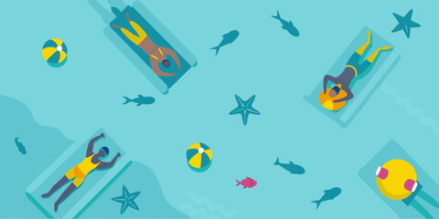 Diverse people relax on inflatable rafts enjoying a sunny day at the beach pool with fish and starfish