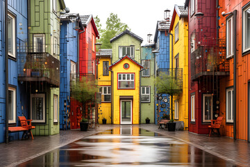 Fototapeta premium Vibrant colored houses line a cobblestone street in a charming coastal village on a rainy day