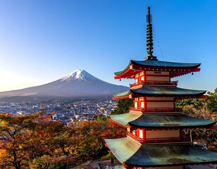 Naklejka premium Autumn vista of Japanese pagoda and Mount Fuji