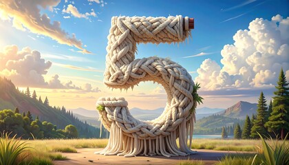 A large, intricately braided, light beige number five stands majestically in a picturesque landscape, suggesting a natural, artistic, and idyllic scene.