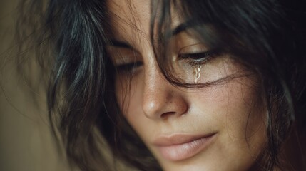 Close-up of a young woman looking down with a single tear running down her cheek in soft natural light.