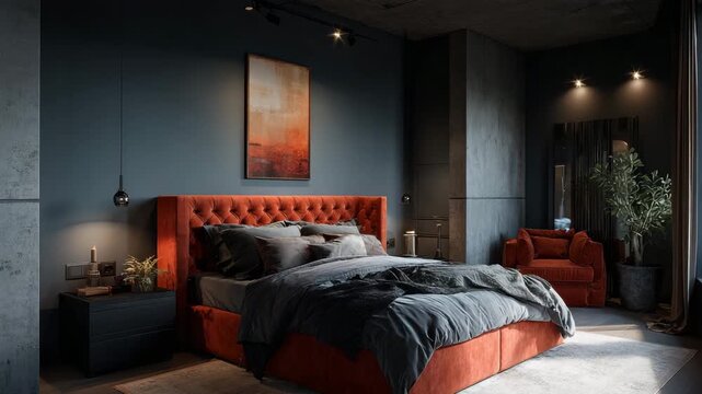 Indigo and terracotta bedroom with modern features, velvet bedding, and moody side lighting