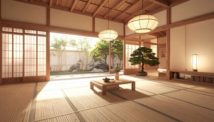 Obraz premium Serene Japanese style room with tatami mats and a view of a tranquil Zen garden