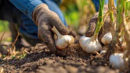 Close-up of gloved hands harvesting white garlic bulbs with roots from the dark, rich soil of a field.