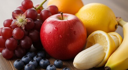 Fresh and Colorful Fruit Arrangement: Apple, Grapes, Banana, Lemon, Orange.