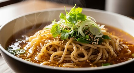 Steaming Bowl of Noodles with Green Onion and Sesame Seeds