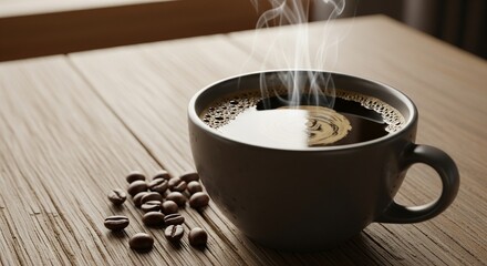 Steaming cup of black coffee alongside coffee beans on wood table