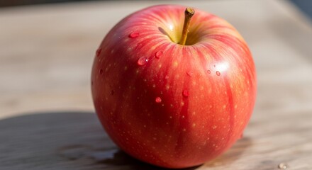 Fresh Red Apple with Water Droplets on a Wood Surface