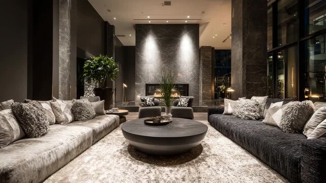 Lounge bathed in silver moonlight with charcoal textures, low lighting, and soft boucle rug