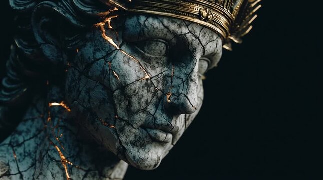 Cracked stone statue of a king with golden light glowing from within