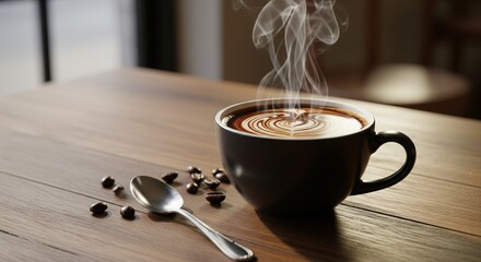 Steaming Cappuccino with Latte Art and Coffee Beans on Wooden Table