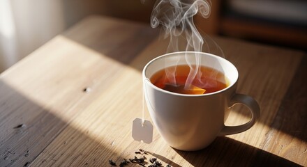 Warm cup of tea steams gently on a wooden table bathed in sunlight.