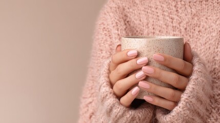 Close-up of female hands with pink manicure holding speckled mug in fluffy sweater on beige background with copy space.