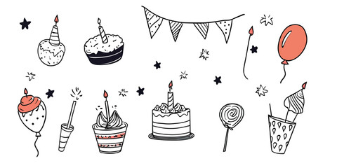 Hand drawn birthday celebration doodle set with cupcakes, cake, balloons, party hat, bunting flags, and festive decoration elements in minimalist style
