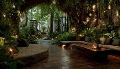 Fototapeta premium Enchanted Forest Lounge Outdoor Serenity With Gentle Illumination Creating Magical Ambiance