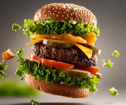 Delicious cheeseburger with ingredients flying in mid-air