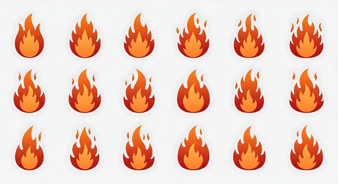 Animated Fire Icons Grid: Stylized Orange and Red Flames, Vector Illustration Set