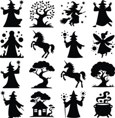 Magical fantasy silhouette collection, wizard casting spells, flying witch on broom, fairy with wings, unicorn, enchanted tree, magical potion cauldron