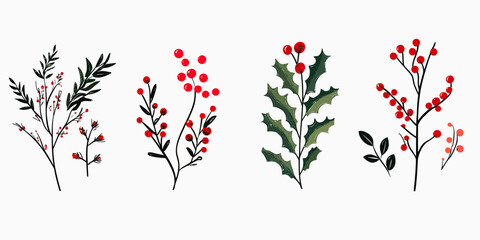 Hand drawn vintage style red berry branches and holly leaves with green spiky foliage festive winter botanical floral elements vector illustration set in flat minimalist design