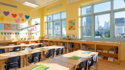 Bright and Inviting Elementary School Classroom: A Space Designed for Learning and Creative Expression with natural light
