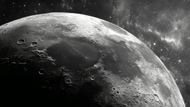 Realistic close-up of the moon's cratered surface in grayscale, showing fine details, with a starry galaxy backdrop, concept of space exploration