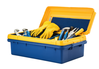 Open blue and yellow toolbox filled with various tools isolated on transparent background