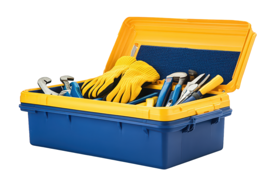 Open blue and yellow toolbox filled with various tools isolated on transparent background - Powered by Adobe