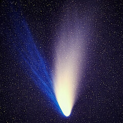 Comet Hale-Bopp In Deep Space With Bright Tail And Stellar Background, Celestial Spectacle Featuring Glowing Nucleus And Cosmic Dust In Starry Cosmos. © overlays-textures