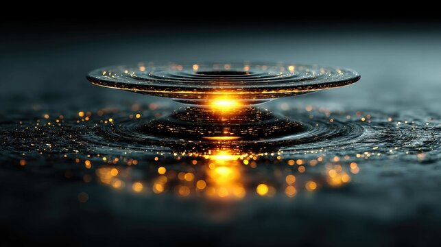 A spinning top, perfectly balanced and glowing, creating concentric rings of light on the surface below it, business momentum and stability concept