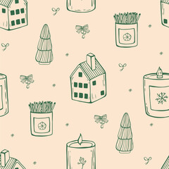Whimsical Christmas seamless pattern with candle and christmas tree. Vector linear hand drawn wrapping paper