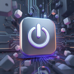 Illuminated power button symbol floating above futuristic circuit board with abstract cubes in digital network