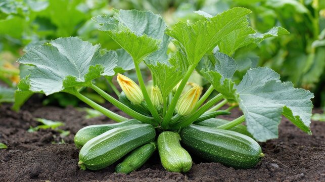 Close-up of a zucchini plant with ripe squash and yellow flower buds growing in dark soil in a garden field.