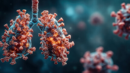 Fototapeta premium Detailed microscopic view of virus particles and bacteria highlighting infection spread, disease transmission, immune response, and scientific research in healthcare and microbiology