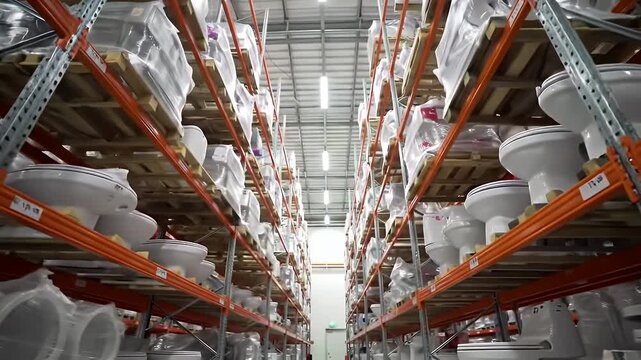 Warehouse Interior with Rows of White Toilets