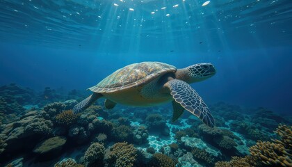 Fototapeta premium Oceanic Serenity: The image showcases an elegant sea turtle gracefully gliding through the turquoise depths of the ocean, near a vibrant coral reef, basking in the sun's filtered rays.