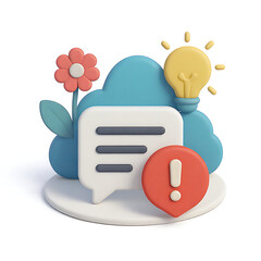 3d illustration of a chat bubble with an exclamation mark and a lightbulb symbolizing ideas and communication