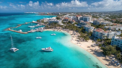 Obraz premium Luxury Caribbean Beach Resort Aerial View: Turquoise Water, White Sand and Yachts