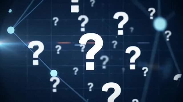 White Question Marks on Dark Blue Network Background