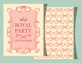 Elegant invitation design with crown and royal frame. Vintage-inspired card in pink tones, perfect for romantic celebrations, weddings, birthdays, and festive events.