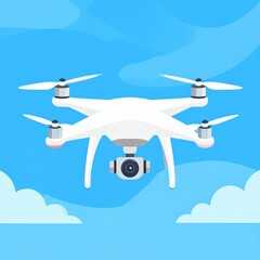 Naklejka premium White Drone Flying in a Blue Sky with Clouds - Vector Illustration